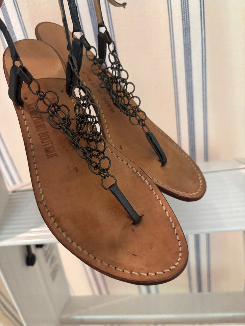 Brown Leather T-Strap Sandals with Black Chain Accent from Venice handmade